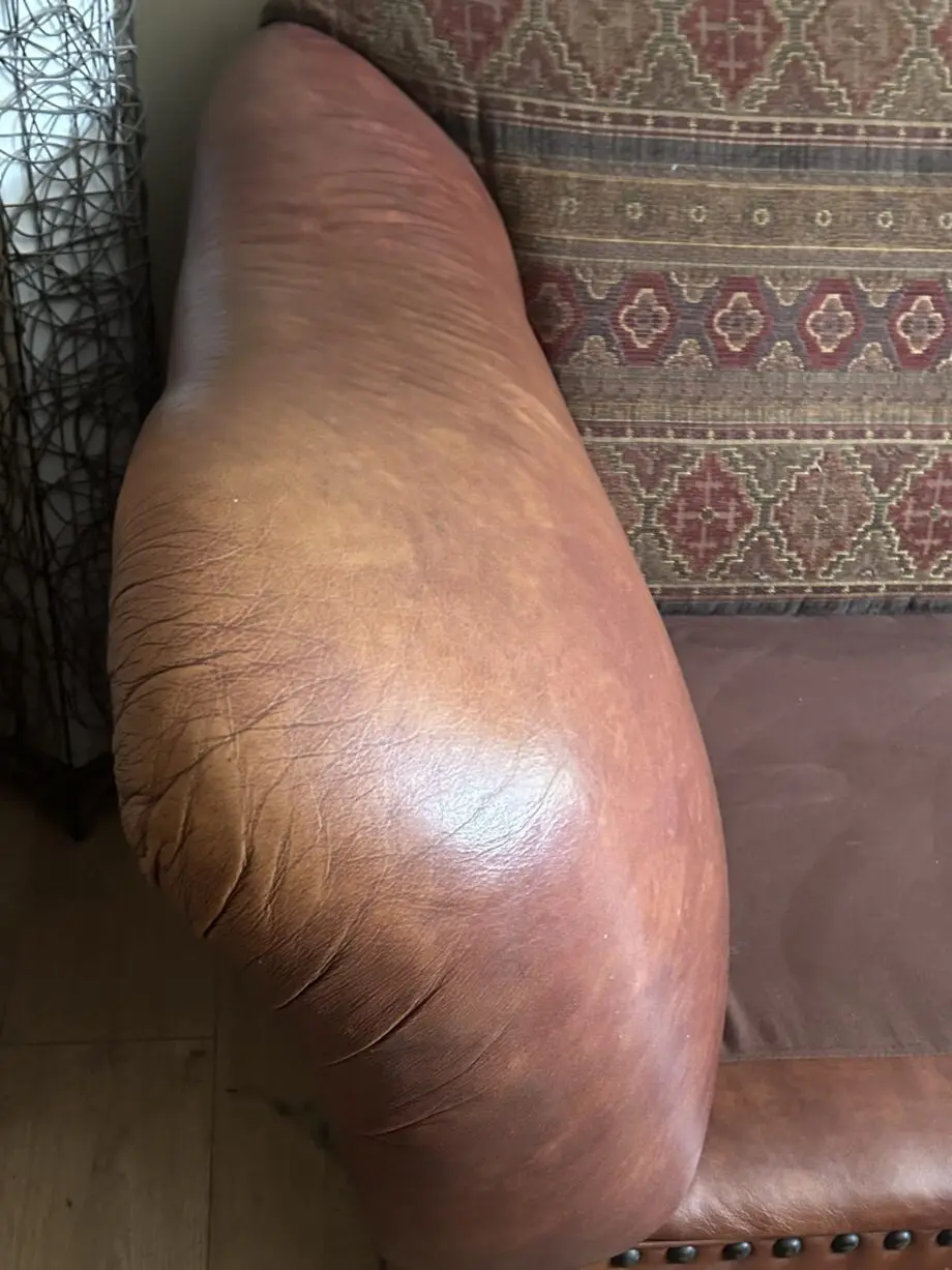 Furniture village tan leather arms and fabric seating 3 and 4 seater sofas