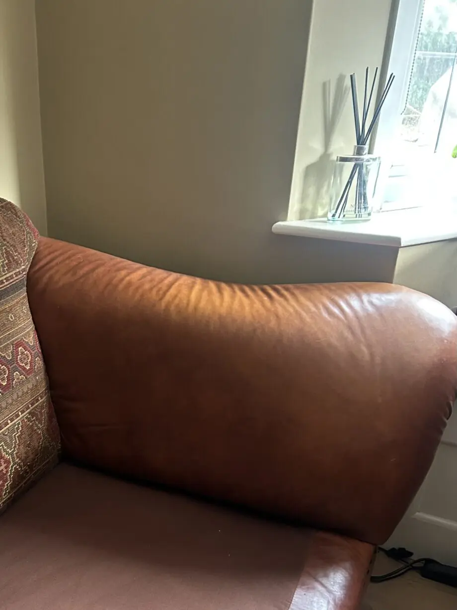 Furniture village tan leather arms and fabric seating 3 and 4 seater sofas