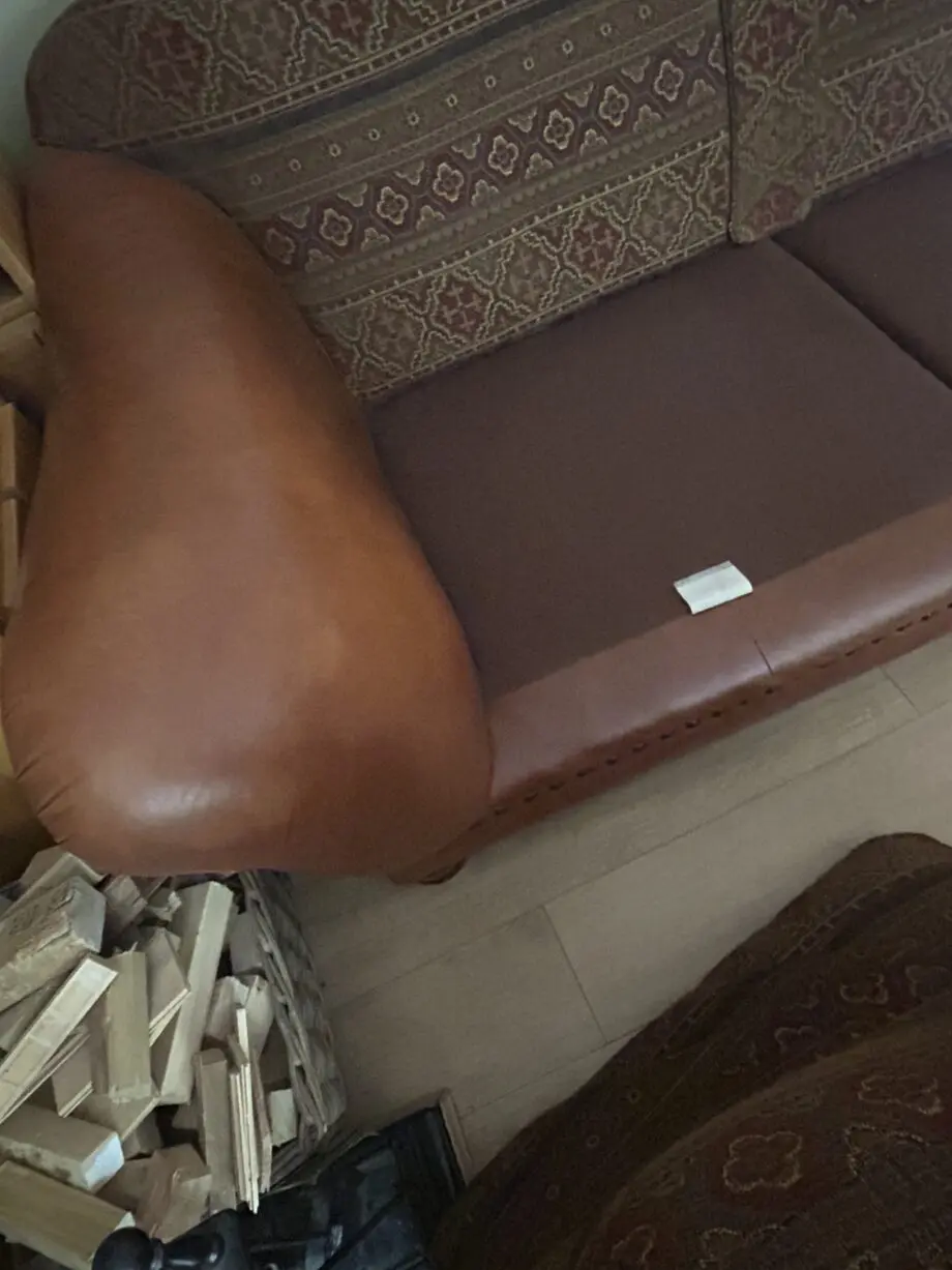 Furniture village tan leather arms and fabric seating 3 and 4 seater sofas