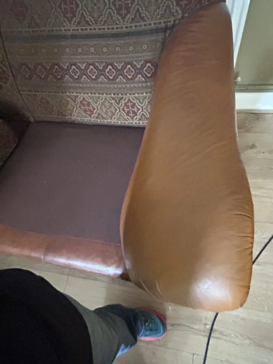 Furniture village tan leather arms and fabric seating 3 and 4 seater sofas
