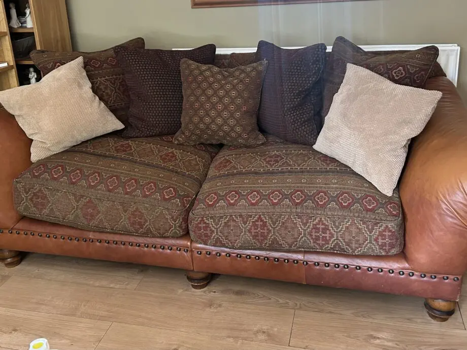 Furniture village tan leather arms and fabric seating 3 and 4 seater sofas