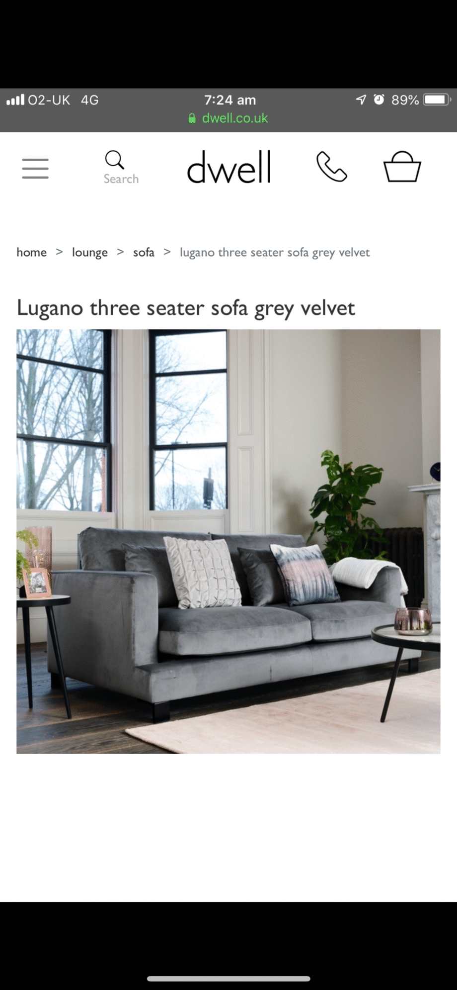 Dwell Lugano velvet grey 3 seater sofa