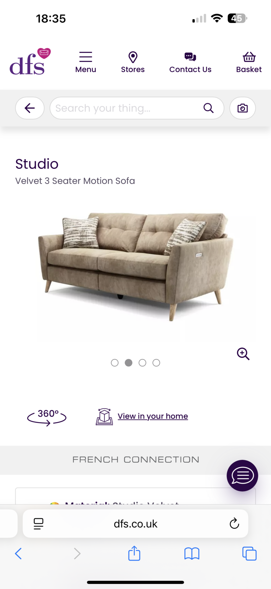 DFS Sofa, Studio Velvet 3 Seater Motion Sofa with Studio Velvet Motion Cuddler