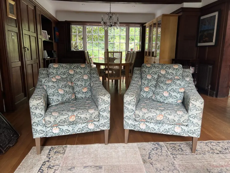 Heal’s Richmond 2 seater sofa and 2 armchairs, Tulip & Jasmine, Teal material.