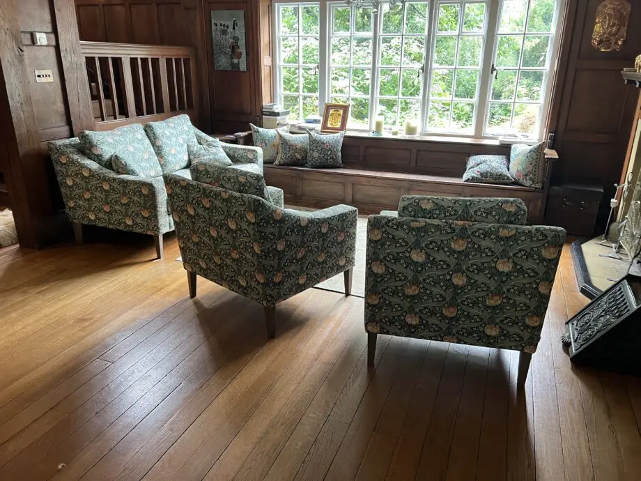 Heal’s Richmond 2 seater sofa and 2 armchairs, Tulip & Jasmine, Teal material.