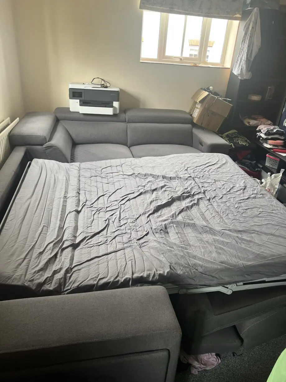 Dfs Grey sofa with built in double bed, recliner chair and charging ports