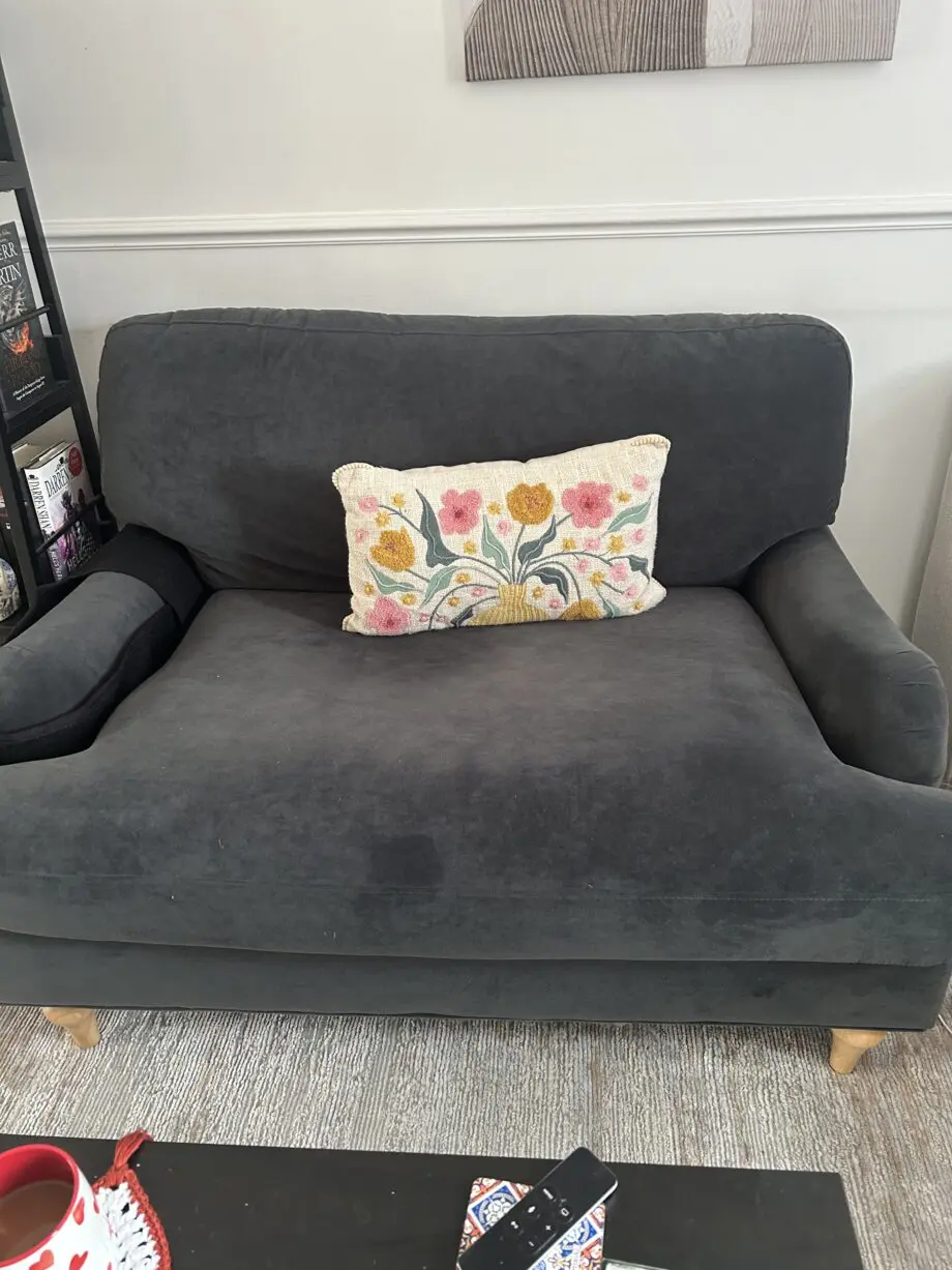 Grey velvet love seat
