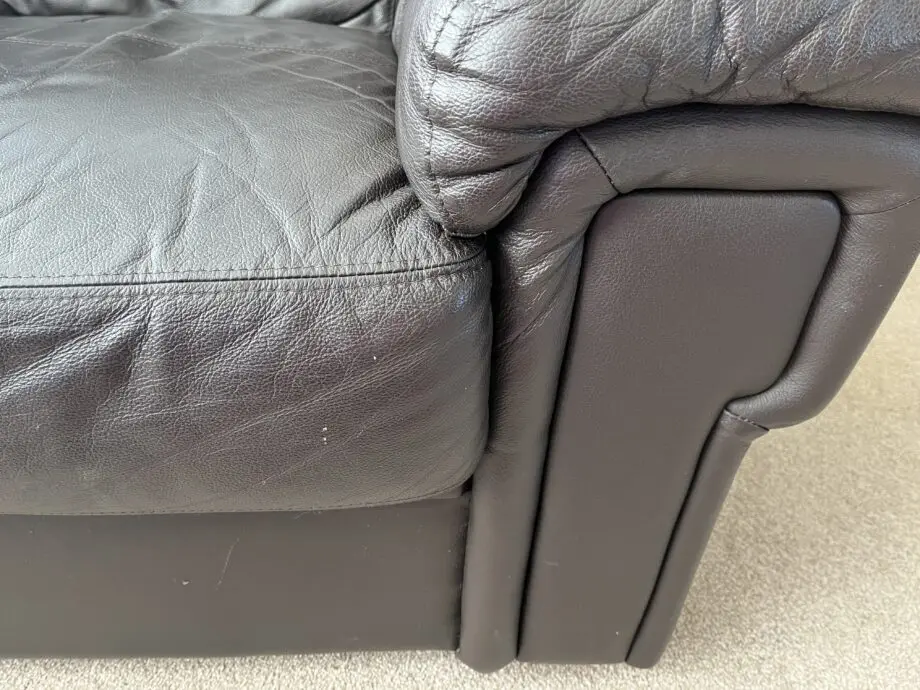 Dark brown leather 3 seater sofa, armchair & footstool
