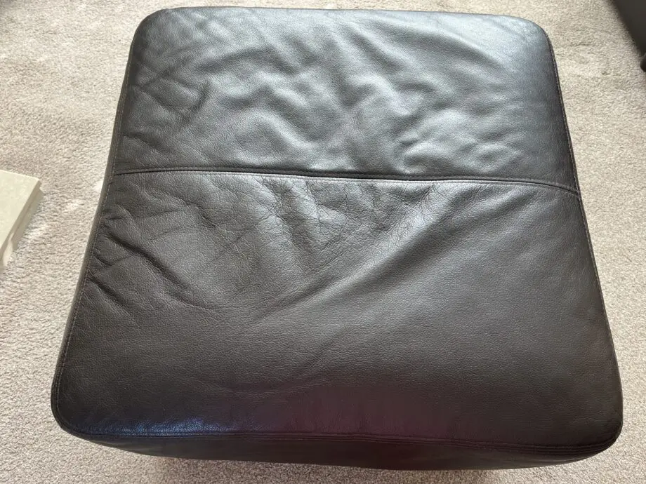 Dark brown leather 3 seater sofa, armchair & footstool
