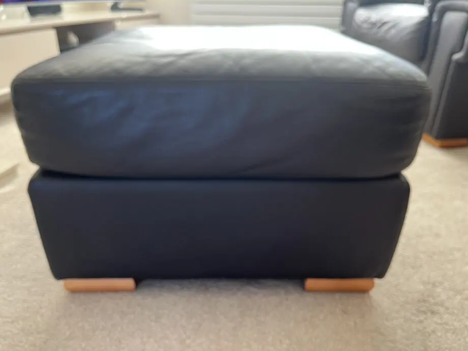 Dark brown leather 3 seater sofa, armchair & footstool