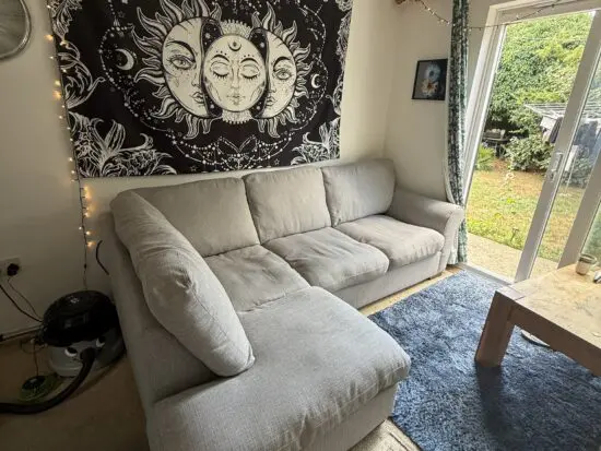 Grey corner sofa + footstool