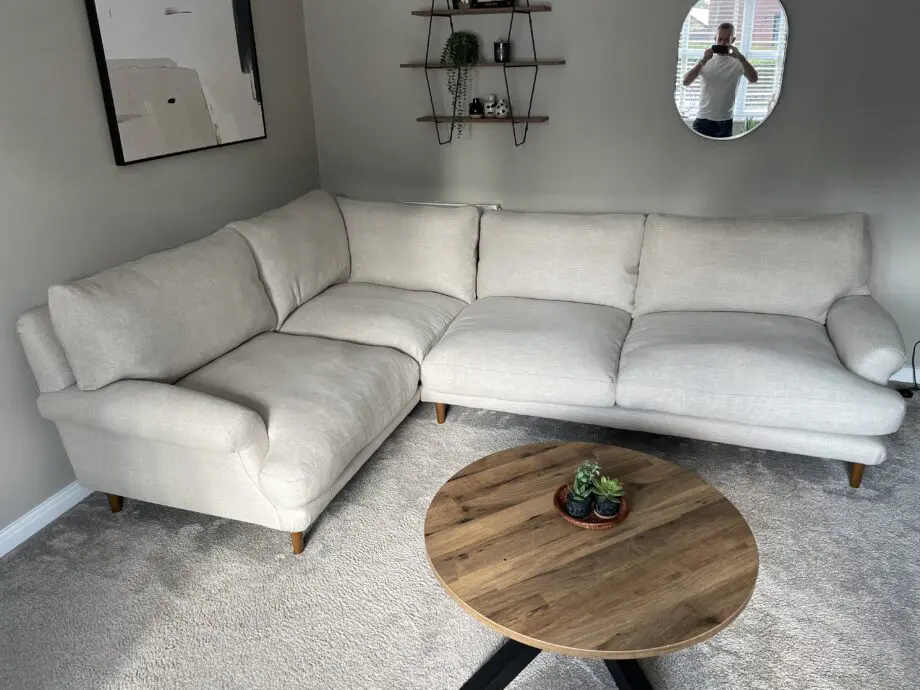 Loaf. Dawdler corner sofa. Breadcrumb colour laundered linen