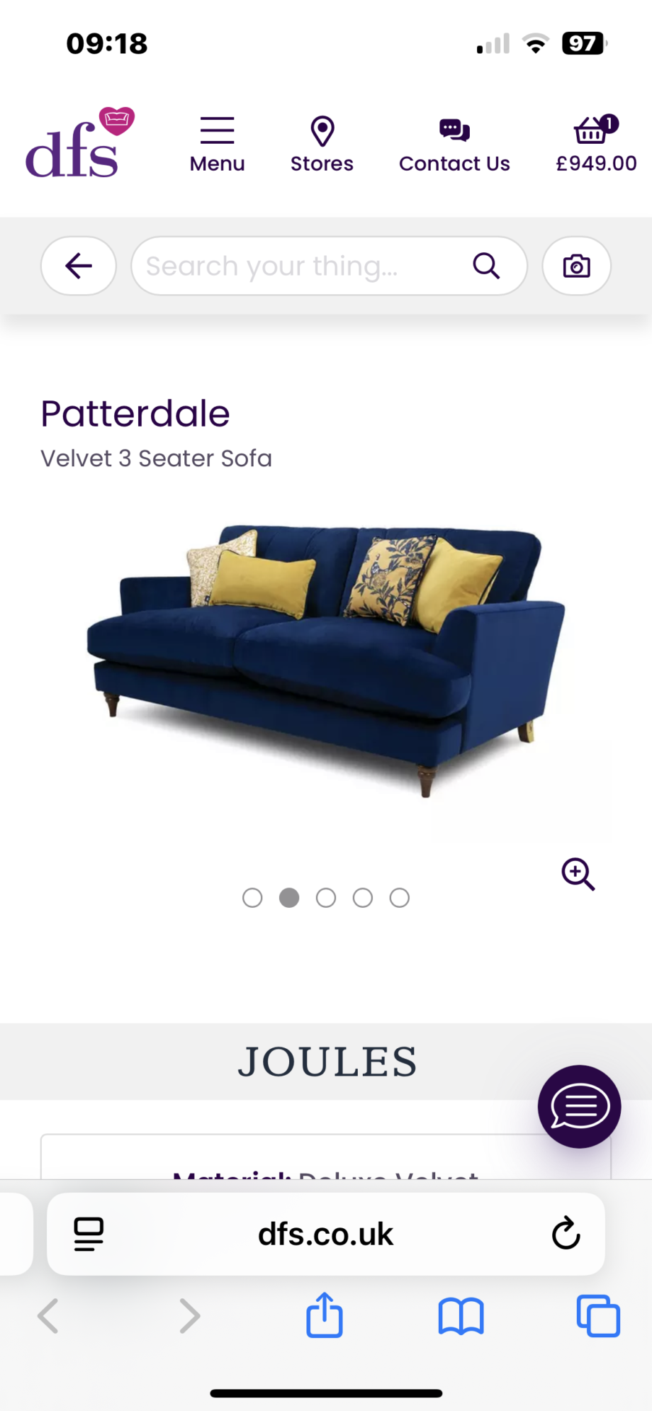 Patterdale Velvet 3 Seater Sofa, Joules @ DFS