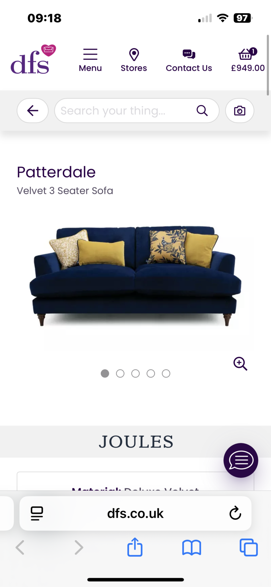 Patterdale Velvet 3 Seater Sofa, Joules @ DFS