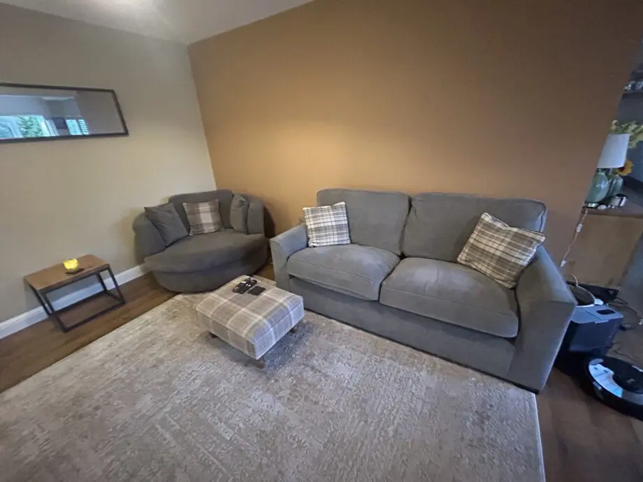 Next grey two seater sofa, swivel love seat and footstool