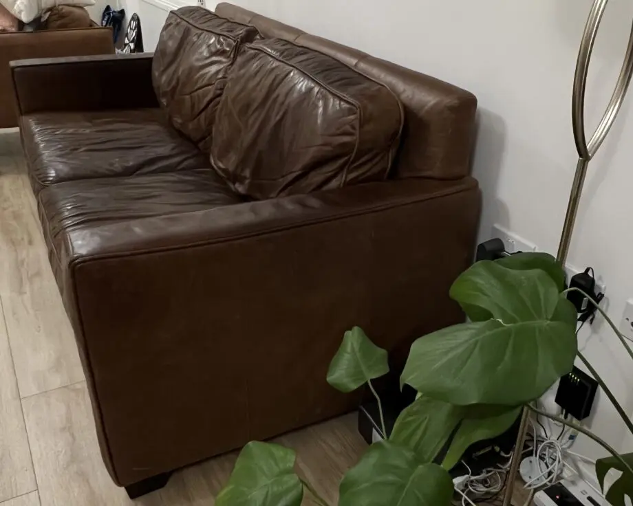 Brand: West Elm, item: leather sofa , chocolate molasses colour .