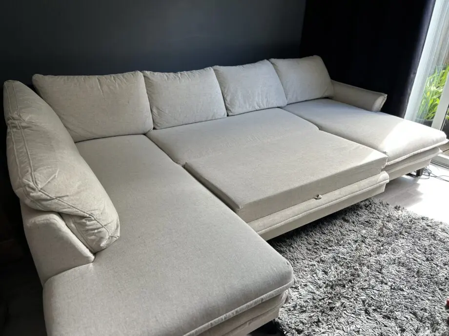 Charming Charlie Beige Upholstered Corner Sofa Bed with Storage