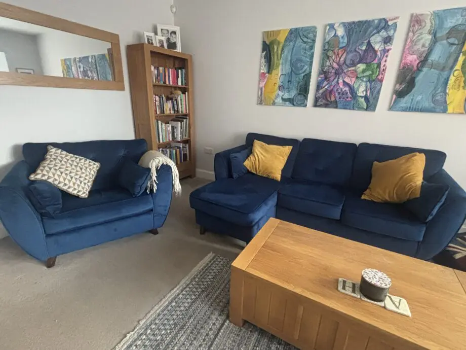 Velvet compact corner sofa and snuggle chair