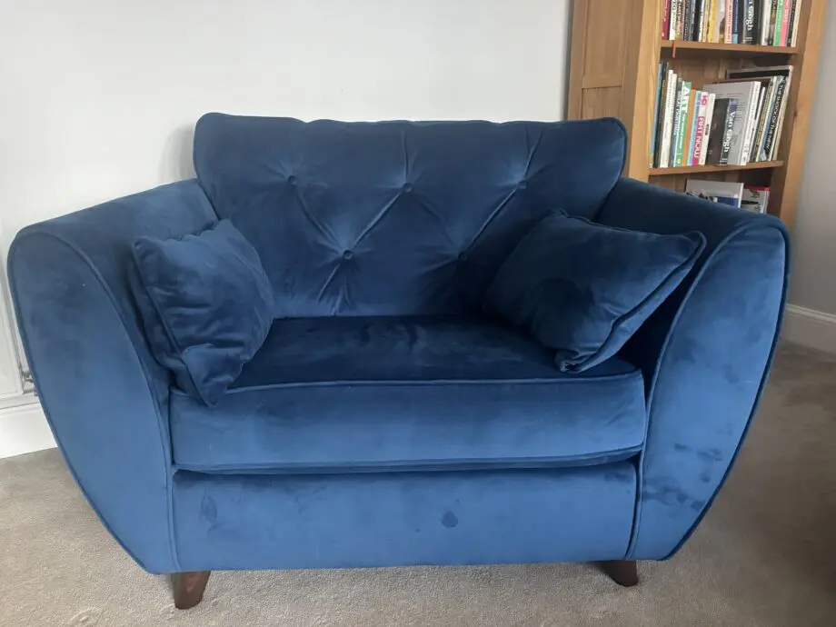 Velvet compact corner sofa and snuggle chair