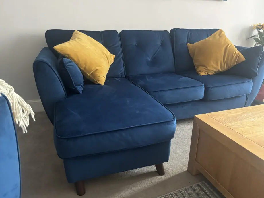 Velvet compact corner sofa and snuggle chair