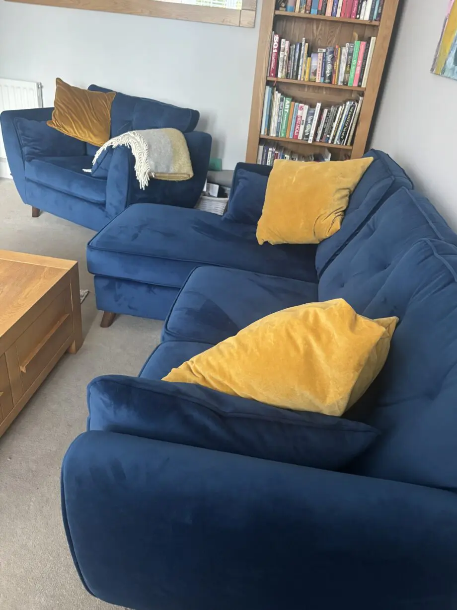 Velvet compact corner sofa and snuggle chair