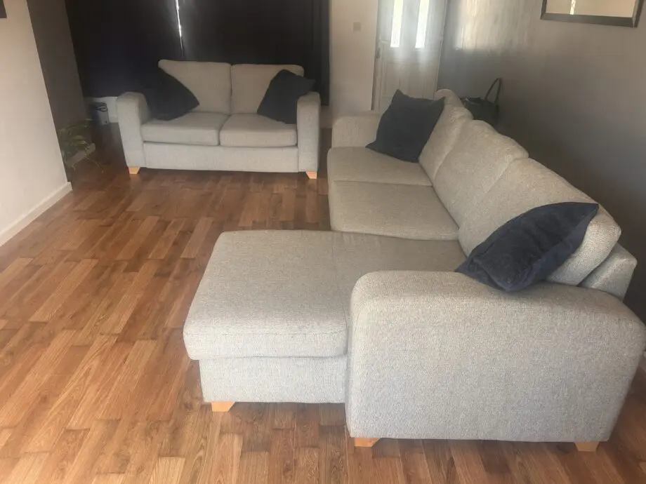 DFS, grey/silver right facing corner sofa and 2 seater sofa