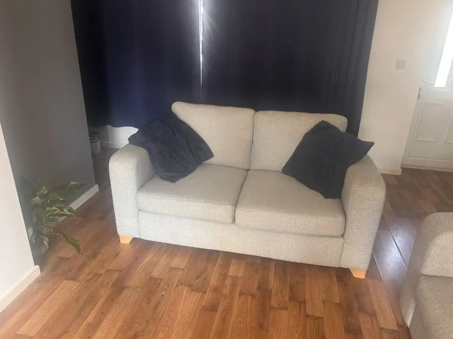DFS, grey/silver right facing corner sofa and 2 seater sofa