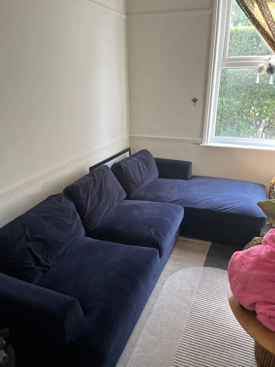 Furniture123 Blue velvet sofa with chaise
