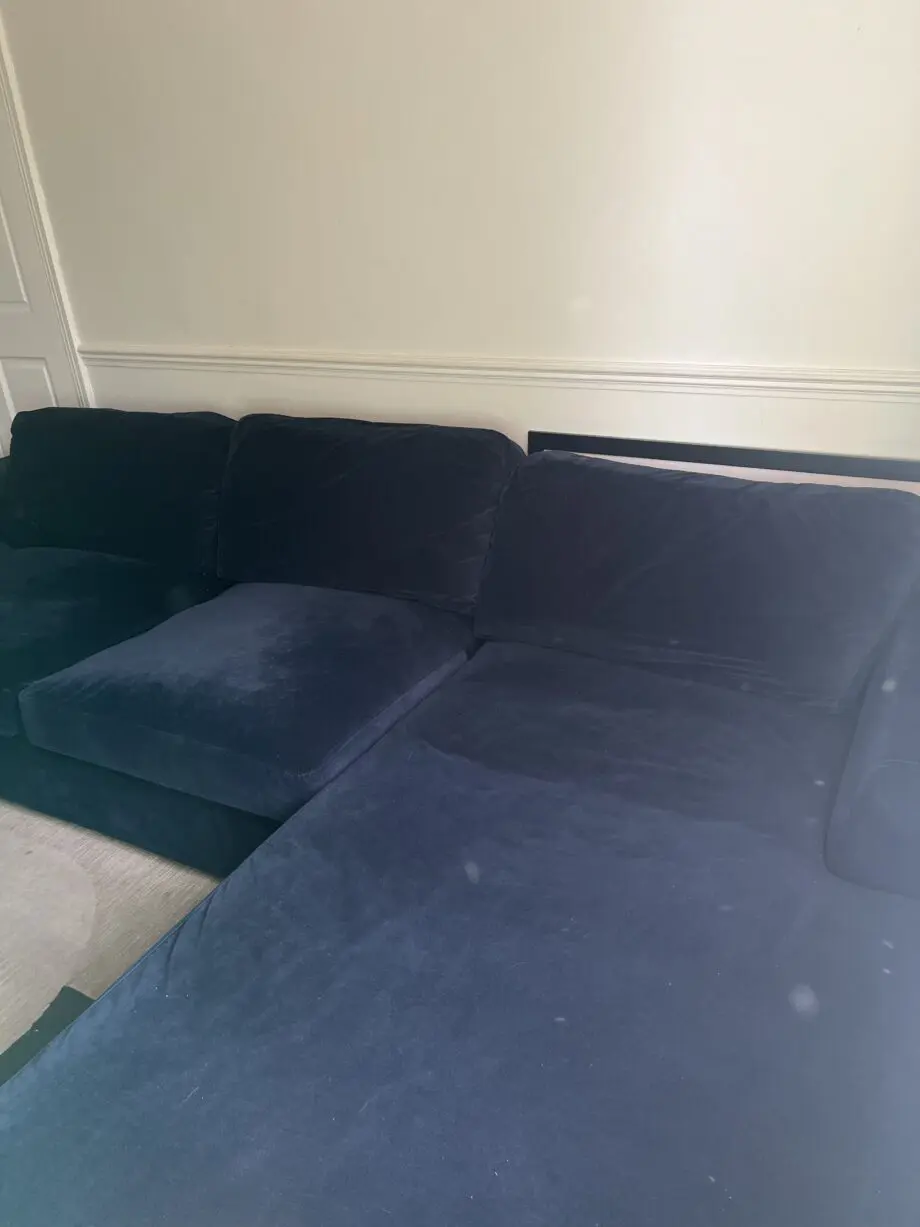 Furniture123 Blue velvet sofa with chaise