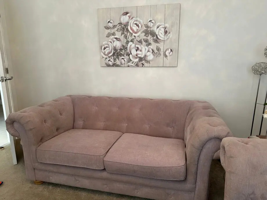 Pair DFS Belair 3-Seater Sofas - Plaza Fabric - Lilac Colour - Excellent Condition
