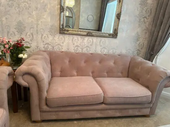 Pair DFS Belair 3-Seater Sofas - Plaza Fabric - Lilac Colour - Excellent Condition