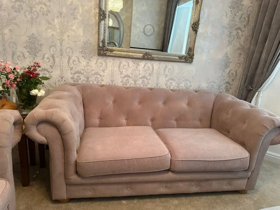 Pair DFS Belair 3-Seater Sofas - Plaza Fabric - Lilac Colour - Excellent Condition