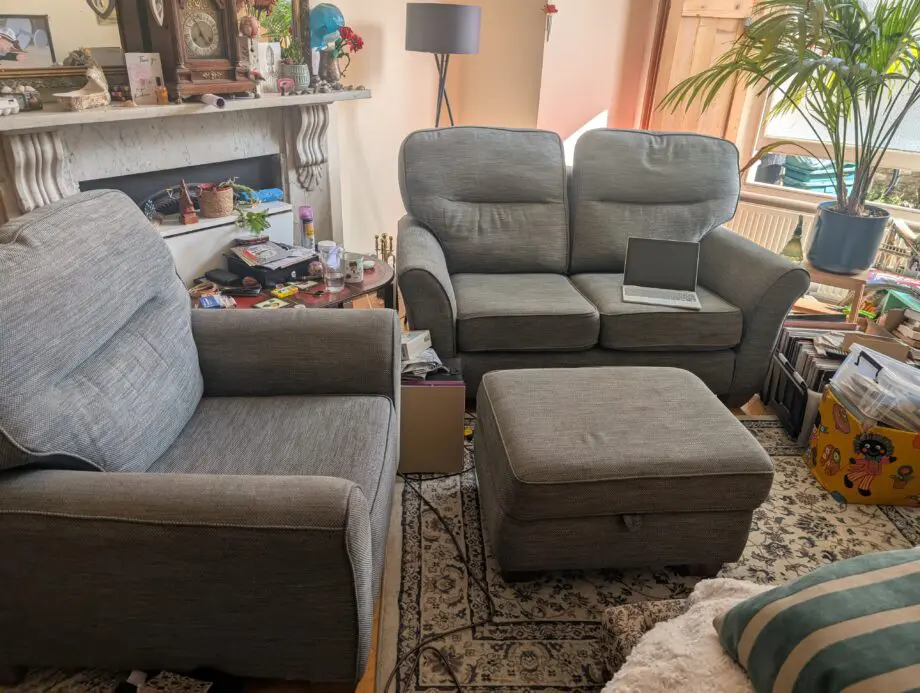 3 Piece Set, 2 seater sofa, large chair and footstool