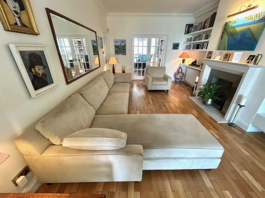 large L-shaped Wesley Barrell natural Alcantara sofa and matching armchair