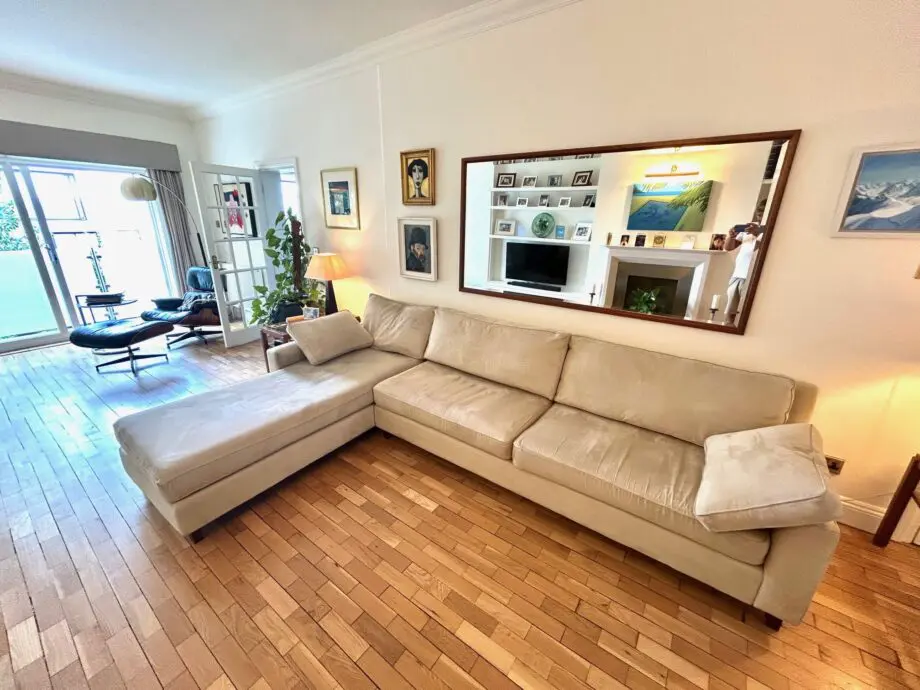 large L-shaped Wesley Barrell natural Alcantara sofa and matching armchair