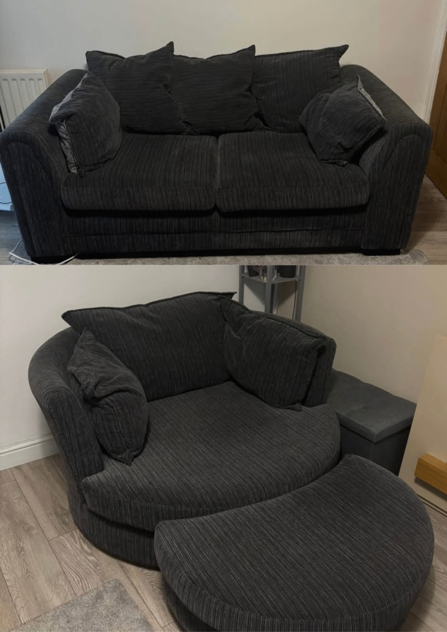 DFS Charcoal Sofa Set (Cuddle Chair with Footstool & 2 Seater)