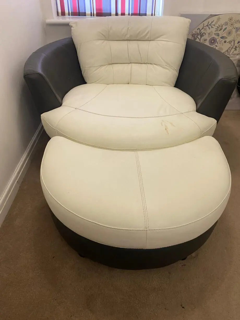 DFS Leather Living Room Set – Cream & Brown | Corner Sofa, Round Stool, Luxury Chair & Arch Footstool