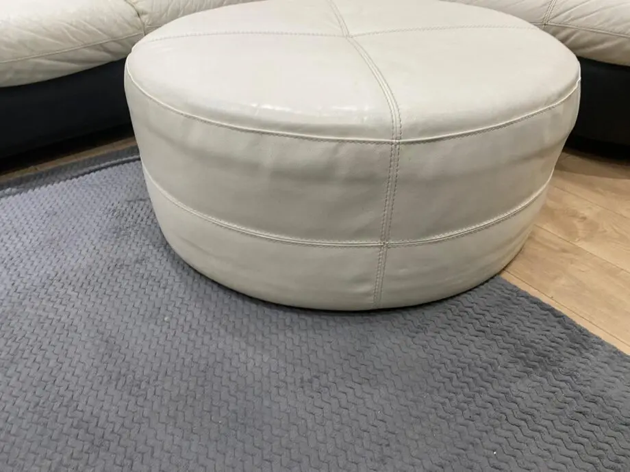 DFS Leather Living Room Set – Cream & Brown | Corner Sofa, Round Stool, Luxury Chair & Arch Footstool