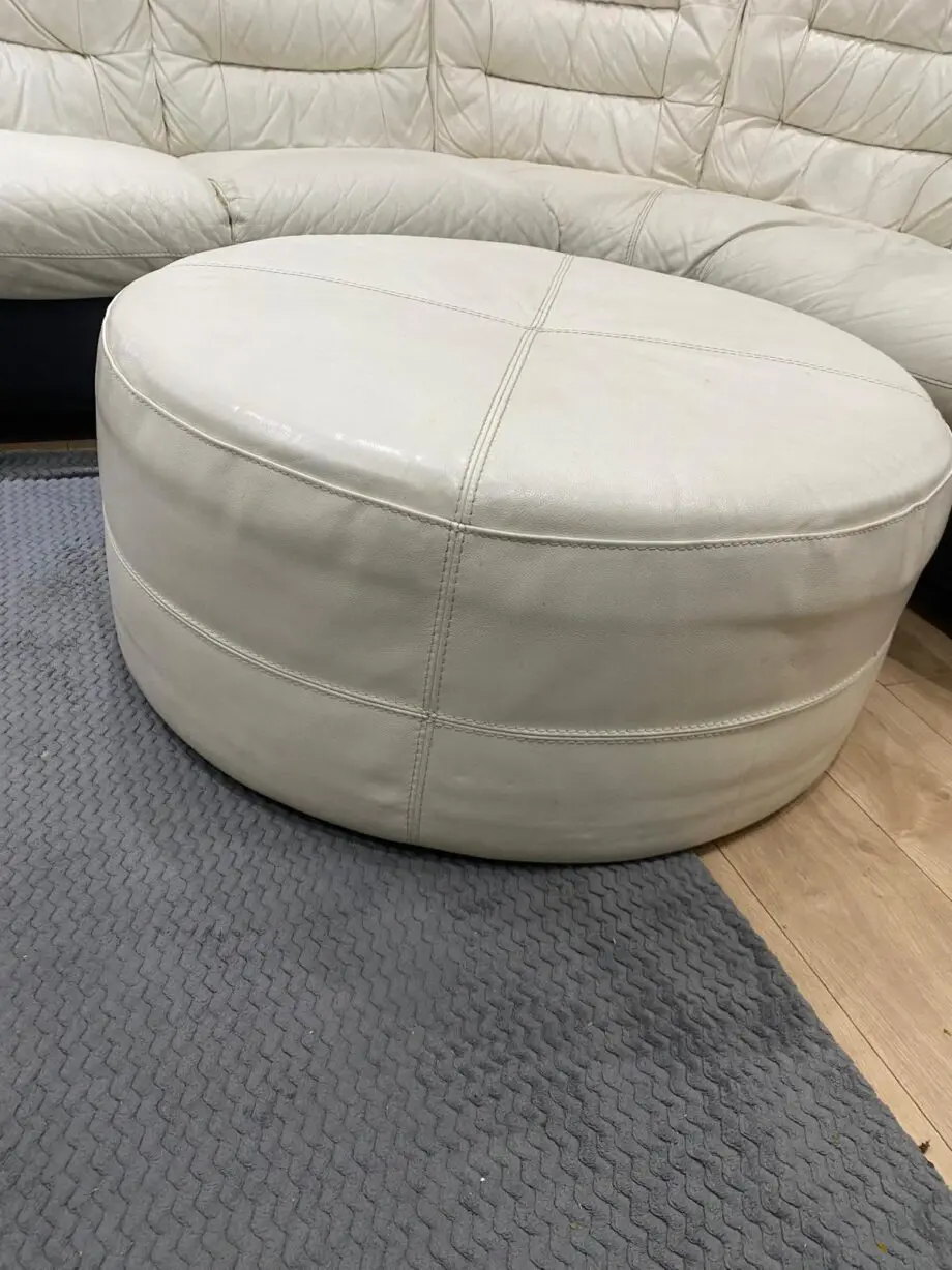 DFS Leather Living Room Set – Cream & Brown | Corner Sofa, Round Stool, Luxury Chair & Arch Footstool