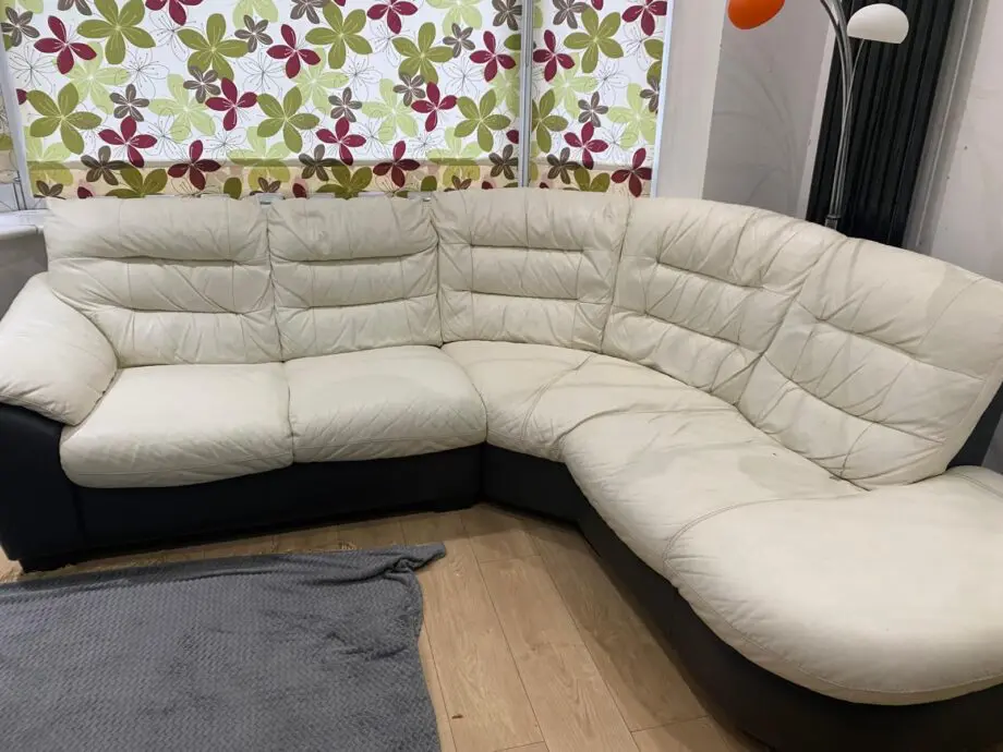 DFS Leather Living Room Set – Cream & Brown | Corner Sofa, Round Stool, Luxury Chair & Arch Footstool