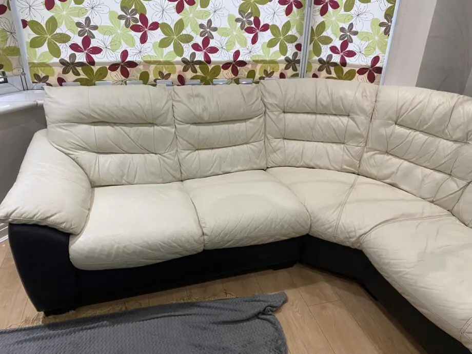 DFS Leather Living Room Set – Cream & Brown | Corner Sofa, Round Stool, Luxury Chair & Arch Footstool
