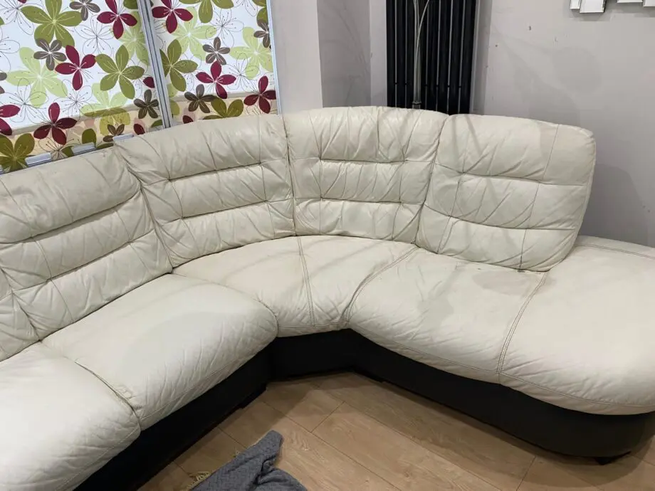 DFS Leather Living Room Set – Cream & Brown | Corner Sofa, Round Stool, Luxury Chair & Arch Footstool
