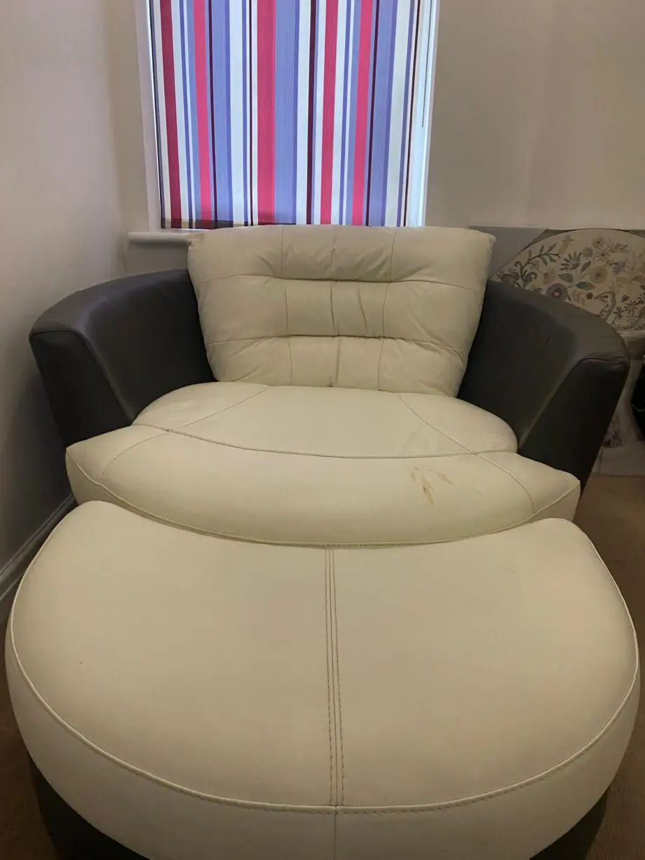 DFS Leather Living Room Set – Cream & Brown | Corner Sofa, Round Stool, Luxury Chair & Arch Footstool