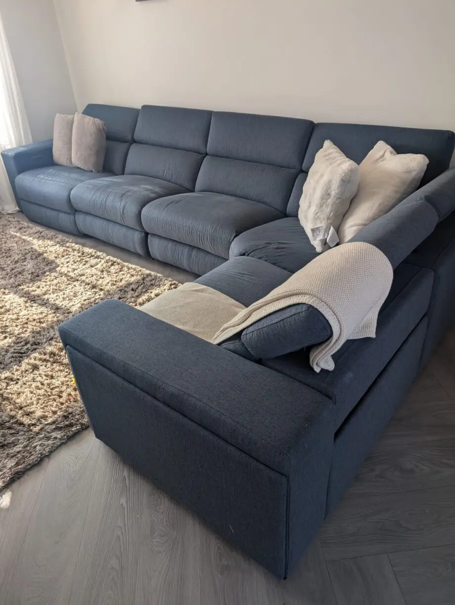 DFS Blue Corner Sofa Top Spec -Electric Recliner Drawers/Wireless Charging/Drink Holders/Storage/USB