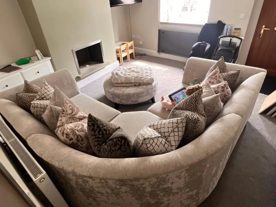 Sofology fairmont corner sofa with round footstool and 10 cushions