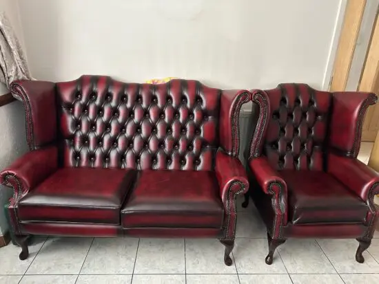 Chesterfield 2.5 Seater Queen Anne High Back Wing Sofa Antique Oxblood