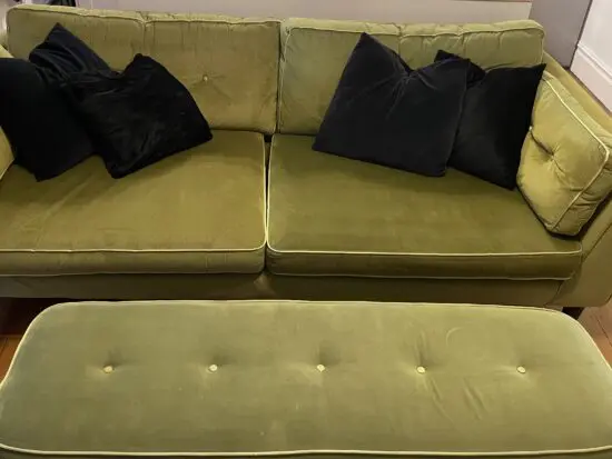 Mid-Century Modern Cricket Green 3 Seater Couch and Ottoman