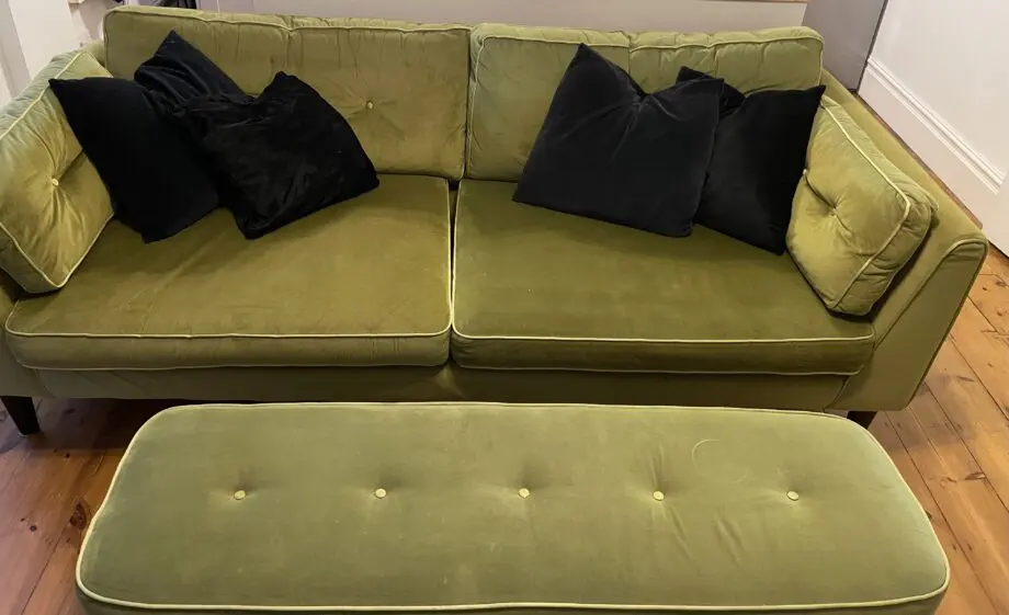 Mid-Century Modern Cricket Green 3 Seater Couch and Ottoman