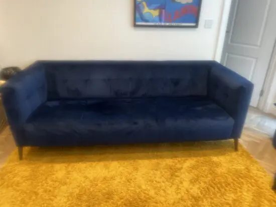 Navy blue velvet solid button back sofa one careful owner no pets smoking