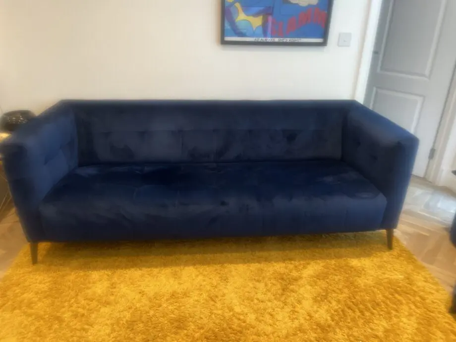 Navy blue velvet solid button back sofa one careful owner no pets smoking